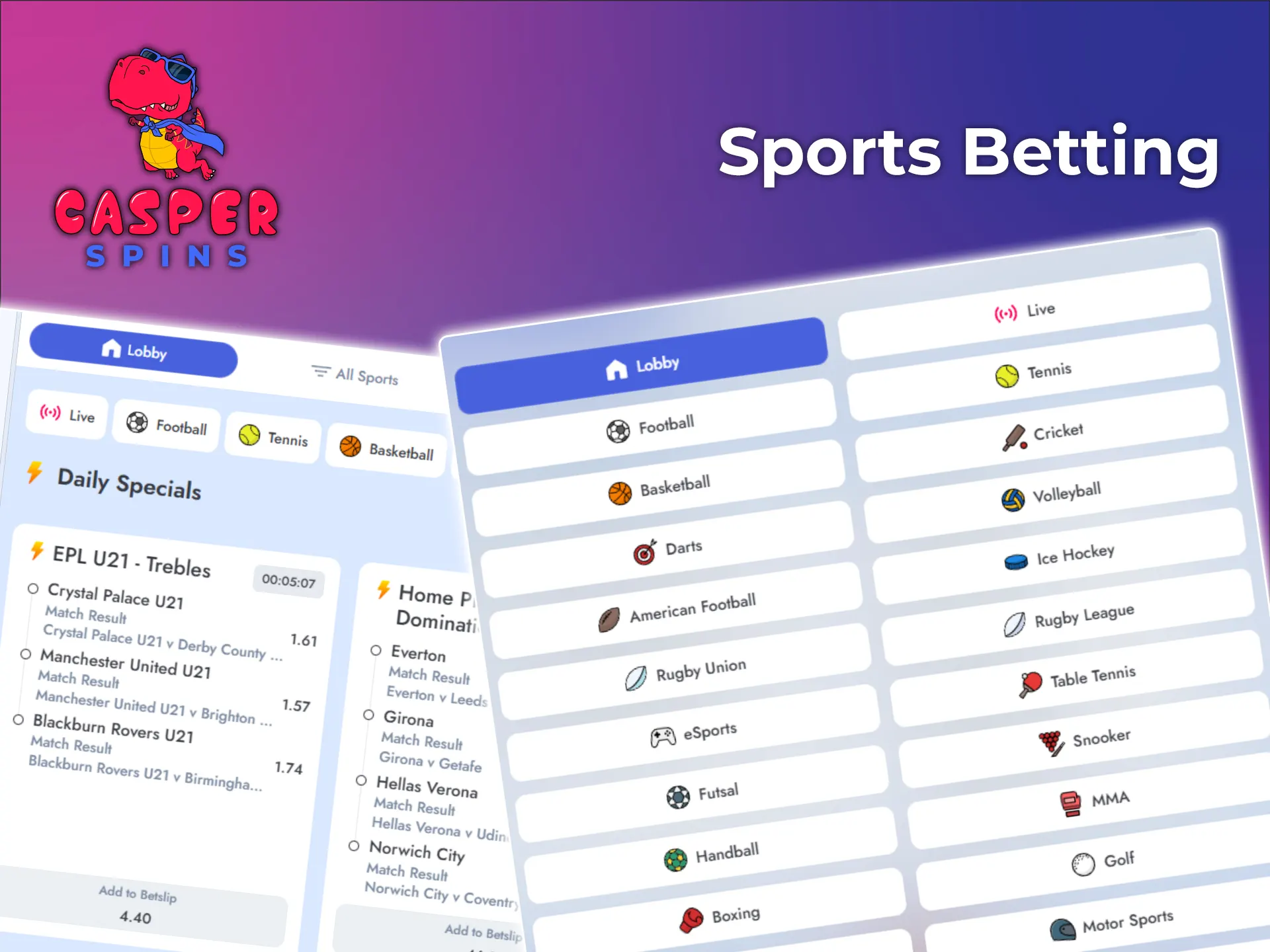 Various betting events are available on the Casper Spins platform.