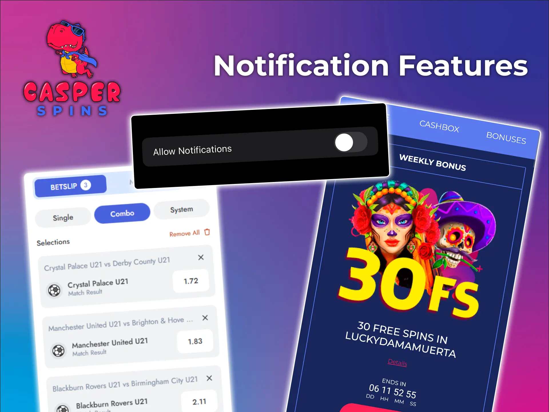 Set up notifications in Casper Spins and stay up to date with the latest events.