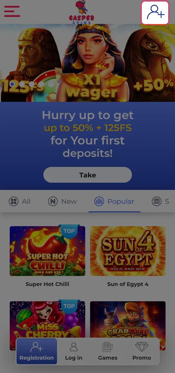 Register to receive bonuses at Casper Spins.