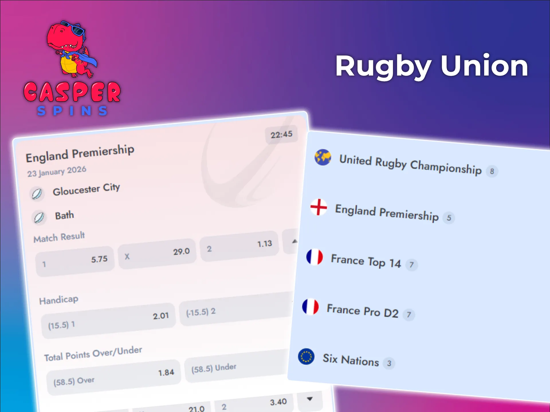 Bet on rugby matches and win at Casper Spins.