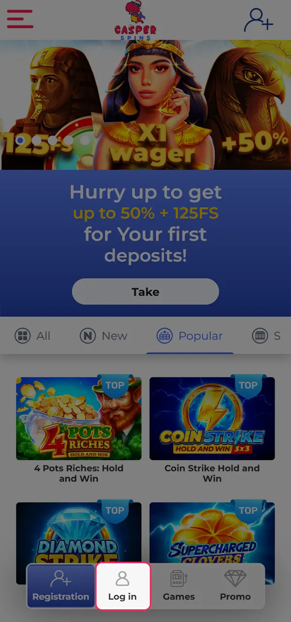 Log in to the account and top up your Casper Spins balance.